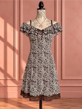 Vintage Off-Shoulder Brown Lace Trim Floral Mini Dress Size 6